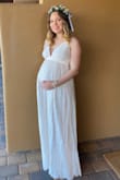 I ordered this a week before my elopement wedding and I'm so happy I did! I wanted something a little boho and this was perfect. The lace and motifs are really lovely. I was 28 weeks pregnant and up 23 pounds from my pre-pregnancy weight (137 to 160), and it looked great with my bump. The bust band was a little tight and did not have any give, so maybe I could've gone a size up, but other than that it fit perfectly. - Chloe J.