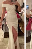 I will be wearing this for my wedding photographs and possibly for my wedding in Vegas. I will not need to get this hemmed at all, thankfully! I decided to get an XS even though the sizing says for me to get a small for my measurements. I wanted a tight fit and thats how it is with this size! Like the others say, I cant really stretch my arms all the way. In the photos I am adding now I am not wearing a bra and I am not wearing the proper panties (just trying it on) maybe Ill update with the wedding photos. Two thumbs up! - Megan H.