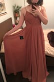 I bought this for my bridesmaid dress for a fall wedding and the color is beautiful. I love how flowy it feels with its multiple layers. It fits well, and the adjustable straps are a nice touch to help it easily fit comfortably. I will need to hem the dress before wearing, but other than that its perfect! - Danielle L.
