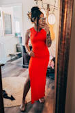 I was so excited about this dress. It is the perfect shade of red, soft and stretchy material, and perfect length (hard to find in a maxi dress when you're short). My only con is the pockets. It makes the material bunch up and looks strange rather than lying flat and following the curve of my body.. also I'm never going to use the pockets lol. Decided to keep it anyway because it's so comfy and cute otherwise! - Danielle K.