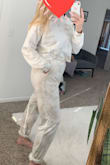I've been on the hunt for a good matching set and I love this one. The pants are so soft. Light enough that I could wear it up to, like, 50 degrees and warm enough to wear when it's cold, too. The colors are duller than the photos, but you kind of expect that with tie-dye. The pants are a little tighter than I expected but definitely fit well. Not as flattering on the backside, but I was in the market for comfort, not tight pants. - Samantha H.
