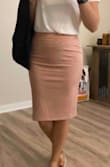 Absolutely love this for work! The pink is very muted and the softness of the suede makes this a very comfy all day work outfit. I could have sized up, but it was like a perfectly snug fit on me. I do have a bit of a bigger bum, so if your a bit flat on the back a small is great, otherwise anyone with a bum nor hips may want to size up to med - Kelsey H.