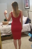 This dress fits me so snug, and is super flattering! There is a bit of cleavage that shows, so if you are looking for something more modest I would look elsewhere (I personally love it!) - Izzie S.
