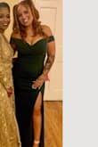 Dress was beautiful and fit comfortably, and flattering. Had a little stretch to it. I have big butt and thighs, and it worked out perfectly. I didn't wear a bra. - Ciara G.