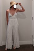 I really wanted to love this, I loved the overall lace and strappy back. I ordered a M hoping to accommodate athletic legs that tend to go up a size in rompers/onesies. I would need to order down a size and see; the M fit my legs and butt, but even with the lacing back there was a gap at the clasp. I ultimately did not order a new size however because bathroom logistics and said laced back. I would need a decently tall pair of heels to keep the legs from dragging (fine by me, but added for length consideration). Thinking of a beachy pairing with the Ivory Straw Bucket Hat - Andie F.