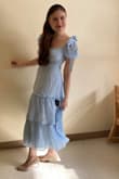I saw this dress on the homepage and instantly fell in love. I wasn't sure how the fit would turn out since I am shorter with wider hips, but it is perfect and gorgeous! I can't wait to wear this for my bridal shower! It's delicate, a dreamy color, and feels light and lovely all over! It's a timeless dress! It does fit a little loosely in the chest area if you're not as busty, but it works with the whole regency-esque style. - Jessica R.