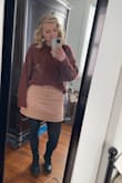 Honestly this skirt is great. It goes well with big sweaters in winter, and then I pair it with a cream bodysuit and jean jacket when it is warmer. True to size - a large is a bit loose in the waist but perfect for my hips and butt. - Bailey U.