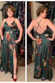 Soooooo happy I bought this dress! Was worried about the price but it's high quality. Loved the slinky material. Fabric is gorgeous. Getting it tucked a bit in busy and perhaps may add cups so I don't need to wear low back bra. I wear 34-36B/C depending on kind of bra. I'm also hemming 1" in 2.5" heels. Pattern was outside of my box but dooo glad I got the green! - Rachel B.