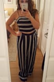 Love this two piece! Got tons of compliments on it when we went out for date night! I'm usually a medium but sized up because I wanted it to be loose on my hips. Ended up being really long in the pants but with wedges it was a fine length. The top ties in the back so you can make it as loose or as tight as you want it! - Monique F.