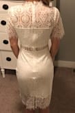 I love the way this dress fits, it's just tight enough without being uncomfortable. It also has very unique details, and it feels soft unlike some lace that can be scratchy. Can't wait to wear it for my wedding rehearsal! - Maddie N.