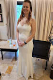 This dress is so flattering! As I told my husband, "This is the best I have ever looked!" Lol! :) It was amazing to get at such a good price. I returned my David's Bridal dress that costed 8x this amount! My husband loved it, especially the back of the dress. I wore it with no underwear and sticky boobs - highly recommend Nippies brand, adhesive.
It was a little long so I wore with platform heels and it just brushed the ground. - Cena B.
