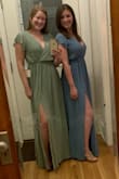 *I'm in the green dress* After reading reviews, I decided XS would probably fit best and it did! With 4 inch heels, the length was perfect (would need to be hemmed if I wore flats). I am between a B and C cup and wished this dress made my chest look better. The sleeves were too whimsical and ultimately I'm going to return. My friend is the same height as me, but bigger boobs and booty and she is in the blue dress, also an XS. I would recommend ordering a size smaller, if you're between 2. - Meg S.