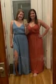 *I am in blue* After reading reviews, I decided on an XS and it fit great! Most of the Lulus dresses I tried on have been too long without heels, but this one was perfect floor length WITHOUT (I'm 5'4"). If you really wanna wear them, this may not be the dress for you. I really liked the back and the whole dress felt super summery and fun; you could wear to a wedding or to the beach. The material does seem like it would wrinkle easily, if wearing to a more formal event. My friend who is the same height but bigger boobs and butt felt like it was a little tight in the waist, but still fit decent. She probably could have used a small. The sides puckered oddly for both of us. I'd say size up if you're in between, but it fit me perfect. - Meg S.