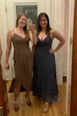 After reading reviews, I chose a small and it fit me perfect! I wanted to love this dress so much because the front looks great on me (boob area and belly). What I was disappointed about, was the color is much darker and not as purple as the picture. In my picture it's a little too dark, but overall a very unflattering color and kinda gross. Also, the back of the dress lands towards the bottom of my calf, instead of at the top, and I thought the back looked terrible and unflattering in all ways. My friend in the picture after tried the dress on (same height, bigger boobs and butt), and the dress was too tight on her hips/bunched up weird (sorry could only post 2 pics on the review). I don't think sizing up would have helped. Wouldn't recommend for curvy body shapes. - Meg S.