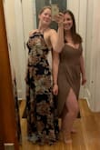 After reading all the reviews, I went with a S and it fit perfect! I usually love high necklines and this did not disappoint. I also love the exposed back. The length is perfect with 4" heels. My friend (who is the same height but with bigger boobs and butt) also tried on this dress, but I don't think the top looked as good; there was more side boob because the straps had to be looser to accommodate her bust (trust me, her boobs looked way better in all the other dresses we tried on lol). 10/10, I'm keeping and wearing to a late summer wedding. - Meg S.