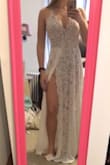 I am OBSESSED with this dress. I got it for my honeymoon and cannot wait to wear it on the beach.
It is a little long, but I think it'll be perfect with some cute heels! Such a flattering dress and not see-through. I was nervous since the lace is just an overlay that you would be able to see everything, but I am happy that you cannot. I also always have to wear a bra with everything but this dress is very supportive (for people like me with a smaller chest). - Jamie W.