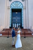This dress was perfect for my elopement. I was nervous about finding the right size that would fit because of the open back, but a medium was perfect. The material has some stretch to it as well, so I was definitely close to being able to size down (but didn't even try a small on). The material is thick and I didn't have to worry about anything showing through, and I got tons of compliments on it! Love love love this dress! - Catherine D.
