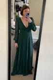 Lovely color and fabric. I just love the button details on the sleeves! It will be perfect as my MOH dress for my sister's outdoor fall wedding with some easy alterations. I plan to pin the bust a little to help keep the girls in (used a safety pin in the photo) - without this, they would certainly fall out if I bend over, and I will probably need to shorten it since I won't be in tall heels. A medium would probably fit my bust better, but it would have been too big/long everywhere else. Although it doesn't fit like a glove, I can't wait to wear it! - Mollie F.