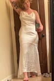 I didn't see any reviews from bodies similar to my size, so this is for anyone similar to me. I ordered a Large because I simply don't wear anything in size Medium, but would definitely need to size down. The sides on the top were flared out in a weird way and the midsection had weird bulges in the seam that weren't laying right. But the back is very pretty and flattering. Also, the dress is a bit short for my height. Pretty but didn't work out for me! Also would definitely need to get the dress steamed or something because of the material. - Beka W.