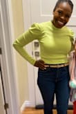Fit great with high wasted jeans. It is a crop sweater. The material was soft, not itchy and held up in the wash. The color is bright and bold!! - Makeda W.