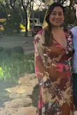 So for reference I wore this while I fluctuated between 151-154 lbs, 38DD, for my birthday. I had a sew in snap towards the bottom of the V on the dress to close the front a little bit. Because the material is satin it shifted and hung loosely too much for my liking. The sew on snap didn't stay in place when I sat so I may try a safety pin. Perhaps it's just my body type. Overall this dress was gorgeous on and I received so many compliments. - LEONOR T.