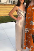 This was my first time ordering from Lulus and I'm obsessed!

I needed something QUICK for my rehearsal dinner and this got here in perfect time with the most beautiful silk champagne color and material that was perfect for my rehearsal and will be perfect for future occasions.

The material was GREAT quality, very comfortable and very flattering! Being Petite and 5' I honestly have a tough time finding cute outfits like this that fit so well even with heels and this was such a refreshing change to that challenge. I wore 3 inch heels and still had another inch or so to work with. 

Adjustable straps, layered top was fantastic for going bra less comfortably and I received so many compliments. I can't wait to find another reason to wear this again. - Cassandra B.