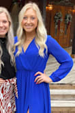 Love this dress and received so many compliments. It was the perfect length, and the sleeves are a good length as well. I have long arms and legs, and this dress was perfect. Slit was not too high. Not to mention the beautiful blue color! - Tori Z.