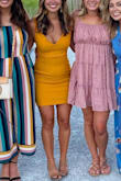 I LOVE this dress. I ordered it for a wedding and I'm obsessed. The color is fabulous. The material is a little stretchy so it does not feel restrictive. 10/10 would buy it again. I ordered a small. - Kylee S.