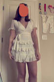 This dress is adorable and flattering. It's a little short on me since I am 5'9, but I wouldn't size up. It is also slightly see through, and when I wore black bike shorts underneath, you could see them. White or nude ones would be fine though. I normally wear a size 10-12, and this dress zipped perfectly and with the waist cinch looked great! - Noelle H.