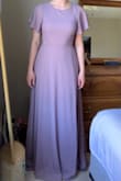 The sleeves were a little too floofy for me but the color is beautiful. I bought this to wear as a wedding guest but it feels too much like a bridesmaid dress so it would be great for that! Even in 4 inch heels it was long and would need to be hemmed. I'm usually between size S and XS and the XS was perfect. - Michelle M.
