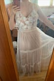 I bought this to be a backup wedding dress and a definite wedding reception dress. I ordered a size L and it fits how I imagined it would; it is too big on top, but fits my waist and hips. I intend to lose weight over the summer and my wedding is in August. I plan on having it altered to fit me better. I do not know what size I will be at that point, but at least my hips fit into the dress at this point in time. I am a pear shape. I did not want to have to pick between a medium and a large, so I got the large. I love that the dress is light weight and airy, which is perfect for an August wedding. - Lilly M.