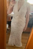 I loved this dress so much! But it does not work on my body type. The print makes me look short. It looks great from behind, but awful from the front (on me). The material is nice and thick. I would not want to wear it for hours outdoors in August, which is when my wedding will be. - Lilly M.