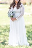Absolutely love this dress! I bought a *real* $600 dress and didn't love it. This was a 1 week out from my wedding and found this dress. It was perfection! The only alteration I needed to make was shorten the dress, shorten the sleeves, and to sew the slit down 2 inches because my legs are not super long. The dress was much more shear in the sunlight so I added a slip underneath and it worked perfectly. 10/10 recommend - Rebecca S.