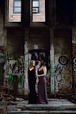 Purchased this dress for my now wife for our engagement photos. She is 5'6", 140lbs, and a 34DD. We had some length removed from the dress because it was too long, and took some in around the waist. Overall the color was amazing for our photos in an abandoned church, and the velvet texture of the dress hung beautifully on her. - Amanda H.