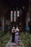 I bought this dress for my engagement photos taken in an abandoned church. I love the color, but would say the fabric definitely clings to your body. I should have worn spanx!! I am a 32G bra size so I purchased a Large. Fit my bust and hips perfect, but did have it taken in around the waist. I also had some length taken off because this dress is long! - Amanda H.