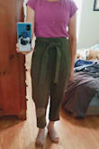 I looked far and wide for these pants and kept being disappointed. Finally, I found them at Lulus. If they were available in petite sizes, that would have been even better. I've rolled the bottoms up in the photo and am planning to hem them so they hit above the ankle. That said, they're soft, comfy, flattering, a great color, and a welcome change from my usual pants. I got lots of compliments the first time I wore them. The fabric is lovely. The hand wash instructions are a bummer. I'll put them in a cold delicate wash and take my chances. - Karen M.