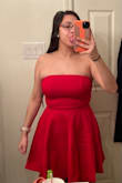 I bought this for my graduation, that is not not in person but I loved this dress! I was skeptical on ordering a small or medium. I ended up going with the small, tbh I might have even fit in an XS! Really I only had to account for my bust, to fit in it. I had to wear a strapless bra with it to help keep it up. I will definitely find a way to wear this again. Also pls excuse my photos i was very exhausted when taking them. But I value photo reviews! - Tara T.