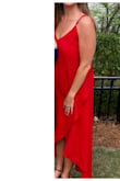 Dress is flowy and very comfortable. Perfect for a evening out or a wedding. It runs a bit large so I would size down. I bought a small but a extra small would have probably fit a bit better. Love the dress regardless. Bought a blue one as well! - Tiffany F.