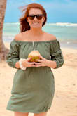 Love this off the shoulder dress. I used it as a cover up for the beach but will wear again when I go out to lunch/dinner soon! It was really windy this day, but it's the best photo I have in it! Love Lulus!! - Jackie Y.