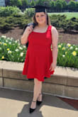 Very comfortable material with good amount of stretch. I could have done an XL and been perfectly fine but the 1X gave room to spare without being baggy.
Skater style gave me the illusion of a bigger butt
Perfect length and cut. Showed good cleavage. Not too short fell at or just above knees.
Super stylish and got many compliments. - Kayla S.