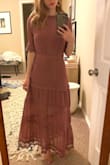 This dress is so unique that the online order felt like a gamble, but I'm glad I got it! It ended up being more full length on me even with heels, but overall fit still seems good. Maybe a bit more modest feeling than I would like, but makes for a versatile dress that works well for weddings, work events, etc. - Kayla B.