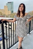 I originally had ordered a small, which fit perfect around my bust but ended up being too small around my hips so I exchanged for a medium and I'm glad I did!! The Medium is a little bit looser around my bust then I'd like but I think it works with the ruched top. I'm very happy with it! This dress is so cute and perfect for a date/girls night. - Alana H.