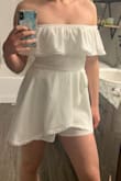 This is such a cute little romper! I was worried it wouldn't cover my booty, but it covers everything nicely. I love the off-the-shoulder look. The top is a smidge see through, but the extra fabric around the top covers anything I would have to worry about. - Danielle C.