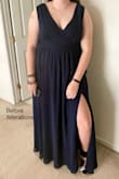 My 16 yr old loved this as a simple option for a prom dress. Being thicker in the middle and smaller on top the 1X fit the bust and shoulders great but when zipped the waist was too tight and created the types of budges you don't want. There is not much give in the waist fabric so order large enough to fit there. We did exchange it which was so simple using the online exchange option. The 2X fit so much better in the waist and we knew the top would likely be too big that we'd need to have it altered. That wasn't too hard for us to do since only the shoulders needed to be taken up a bit. Overall, the dress fits very comfortably now and my daughter loves the peekaboo slit. At her height it is a perfect length with a 2-3' heel. Anyone shorter than 5'9/5'10 may need to hem unless they can wear very high heels. We added a crystal belt to give it more of a prom look. - Christa H.