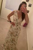 I ordered this dress for my bridal shower and I'm super excited to wear it! It is super long though. It barely hits the floor while I wear 4 inch heels. I also tightened the straps as much as possible. Other than the length, it fits true to size! It's a nice material too. My only complaint is that the material on the neckline doesn't lay right. I'm not sure if it's me or the dress though because it doesn't lay like that on the hanger. Overall, I'd recommend this dress. I think a little bit of body/clothing tape will hold it in place! - Lindsay S.