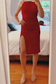 The dress is definitely looser than I thought it would be. Typically, a small is snug on me. With the right bra, it will fit well. The straps are the right length, slit is a great height, and fit through the stomach and legs is good. I could potentially size down, but I like that the body isn't too, too fitted. I'm keeping it! - Anna K.