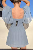 Flattering waist fit, and I liked tie-front. The color in the picture looks more teal, but slate blue is an accurate description. I wasn't sure how I would like the sleeves, ended up not being crazy about the flutter, but that was me personally. I like the texture of the fabric. - Andie F.