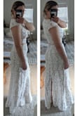 The fabric is all stretchy for a form fitting look! The nude lining underneath is completely stretchy along with the thick lace fabric layered on top. I am wearing the skirt high on my waist with 4" heels and it is just skimming the ground. For me personally, size Medium was tight in the chest and loose on the hips. I would need to mix and match sizes on this two piece so I will be returning the medium for a small just to try the skirt by itself. It is beautiful! - Christie S.