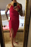 Beautiful dress,  fit just a tad loose around my waist and at the top,  but I  also have a small chest.  I ordered a medium and believe a small would have been too tight. Overall! Super cute dress! Love the color as well! - Anji T.