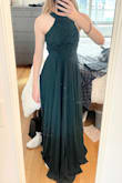 Beautiful, quality material that flows nicely. Not too heavy, but a bit warm for a summer wedding. The length is long enough for me (5'8") to wear 3" heels easily. - Lauren I.